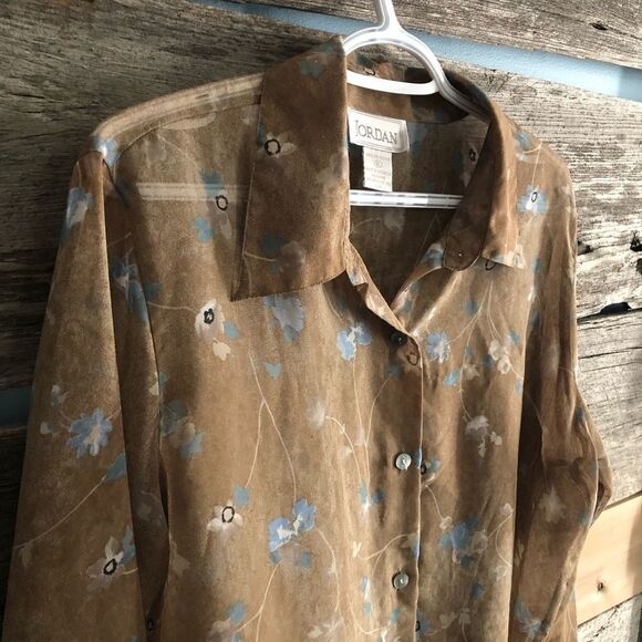 Vintage Jordan Size XL Brown Sheer Floral Blouse - Picture 1 of 4